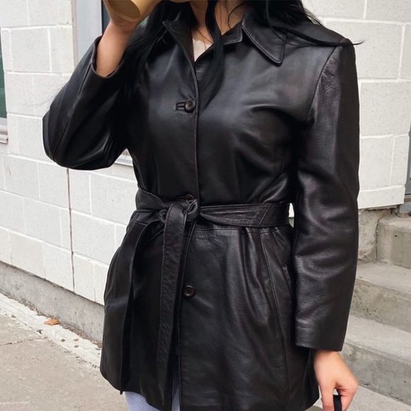 Vintage Jackets & Blazers - VINTAGE Brown Genuine Leather Belted Coat -Size M